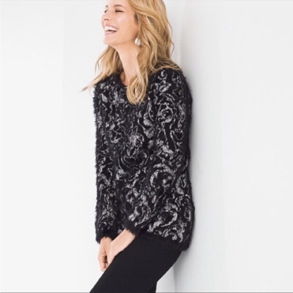 Chico's Eyelash-Trim Jacquard Pullover Sweater Womens Small